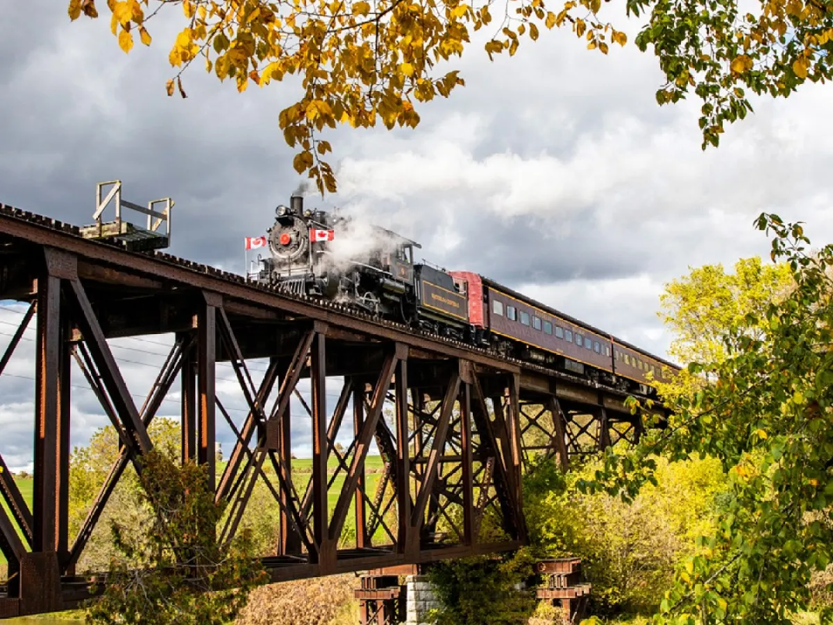 a train crossing a bridge over a body of water