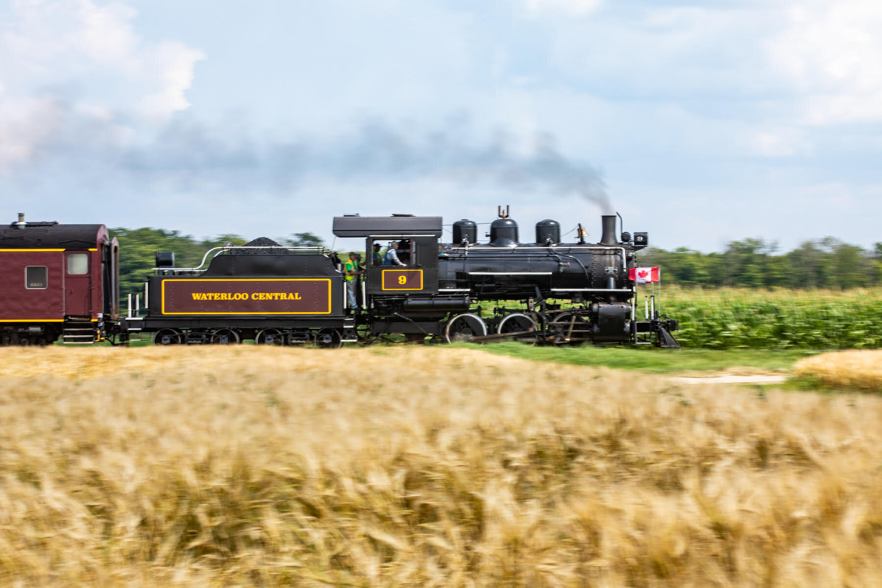 a train engine carrying carts down a track