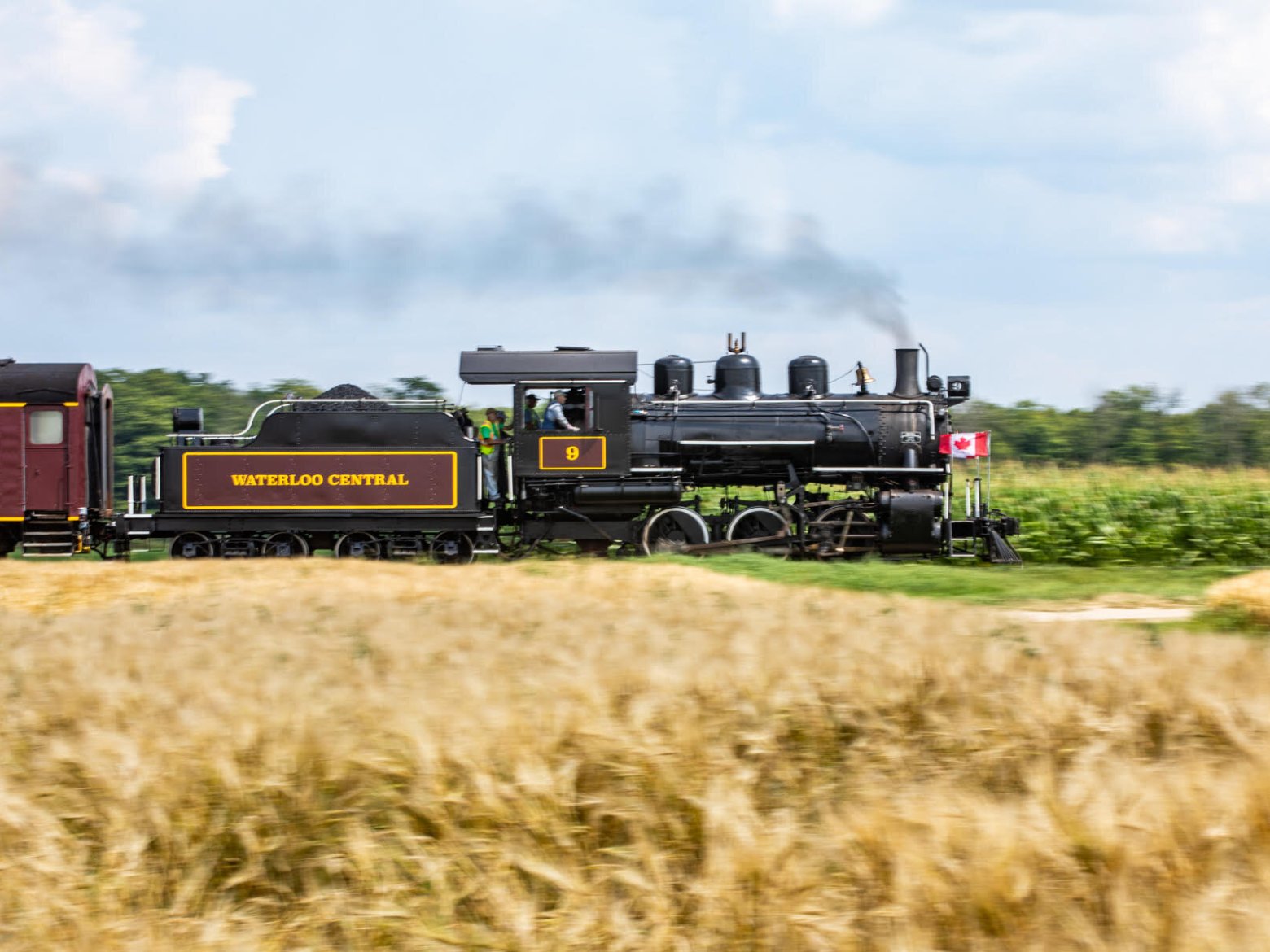 a train engine carrying carts down a track