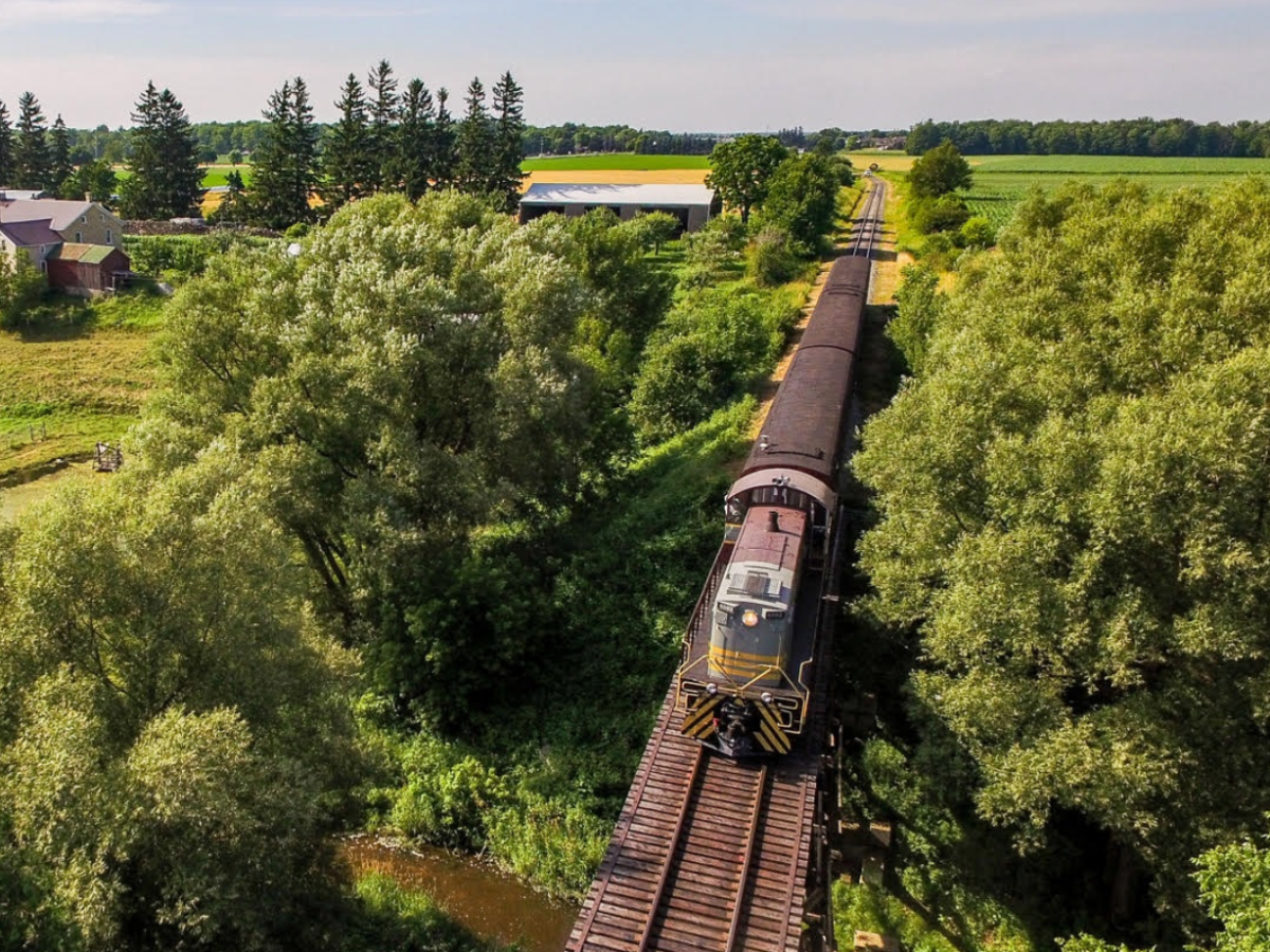 a train on a train track with trees in the background