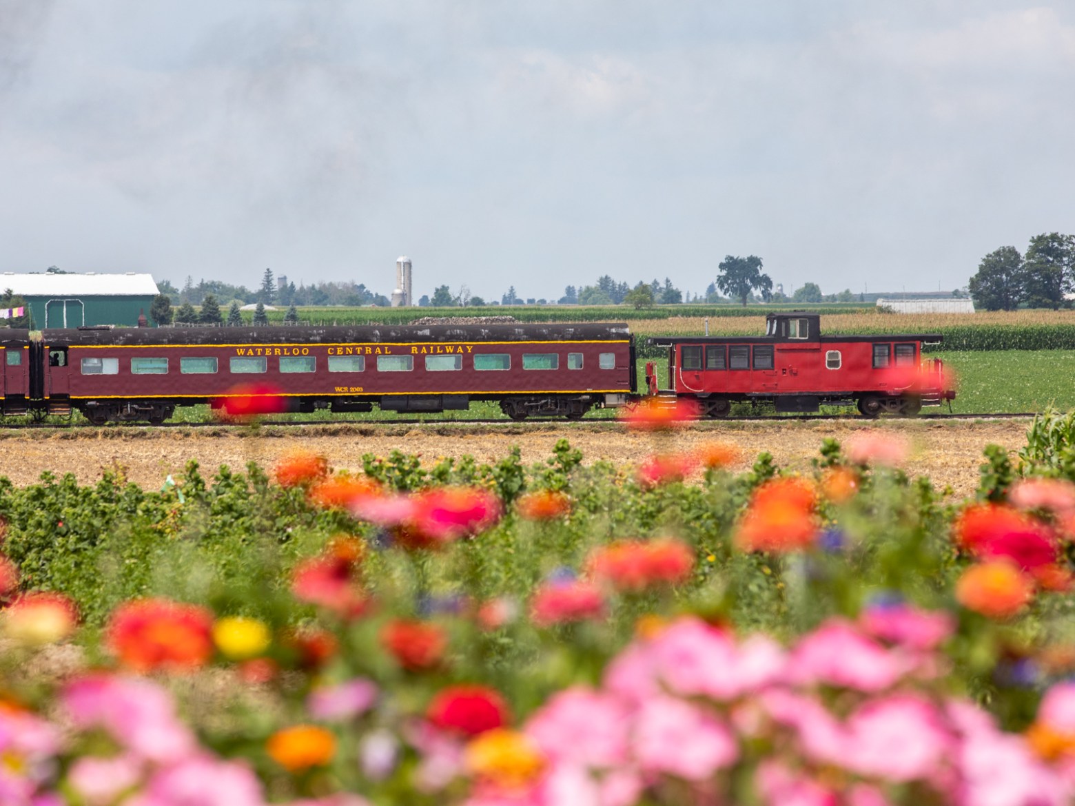 a train traveling down train tracks near a field