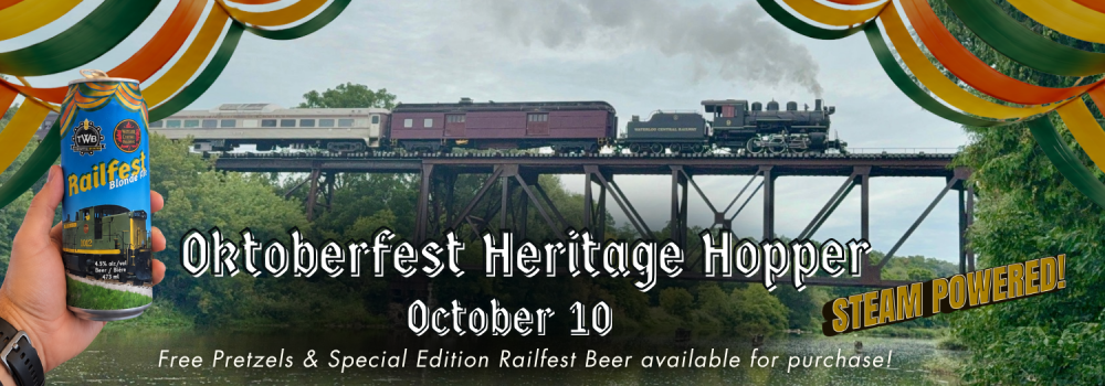 Train on bridge, Oktoberfest promo with beer can, colorful banners, text: Oktoberfest Heritage Hopper October 10.