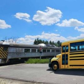a school bus that is parked on the side of a road