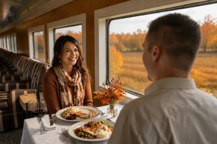 Couple dining on a train with autumn scenery outside the window.