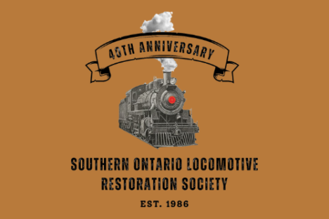 Steam locomotive with banner '40th Anniversary', text 'Southern Ontario Locomotive Restoration Society Est. 1986'