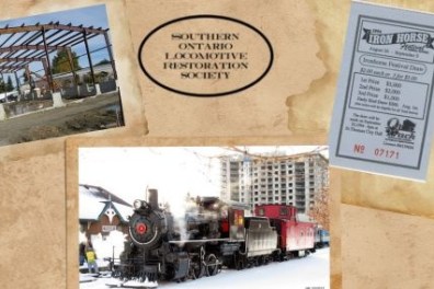 Collage with train photo, event ticket, and society logo on a beige background.