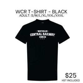 Black T-shirt with 'Waterloo Central Railway' print, priced at $25.