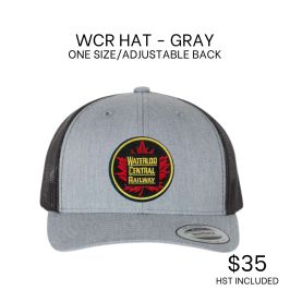 Gray hat with Waterloo Central Railway logo, $35 price.