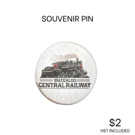 Round pin with train design, 'Waterloo Central Railway' text.
