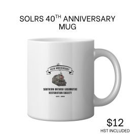 White mug with locomotive design, text 'SOLRS 40th Anniversary', price $12.