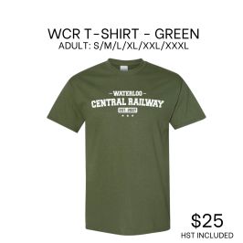 Green t-shirt with Waterloo Central Railway logo, priced at $25.