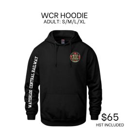 Black hoodie with Waterloo Central Railway logo, text on sleeve, priced at $65.