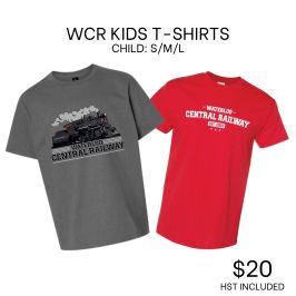 Two kids T-shirts: one gray with a train graphic, one red with 'Waterloo Central Railway' text. Price $20.