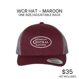 Maroon Waterloo Central Railway cap with adjustable back, price $35.