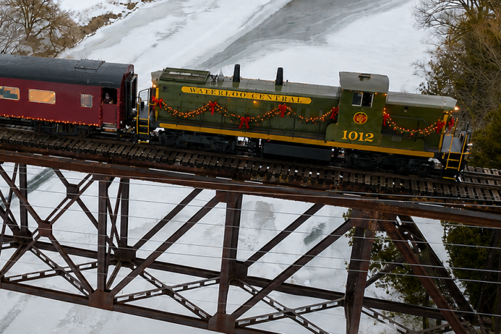 Train on snow-covered bridge with red passenger cars.
