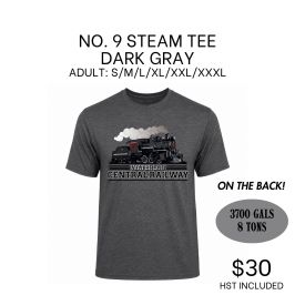 Dark gray T-shirt with No. 9 steam train graphic, Waterloo Central Railway text.