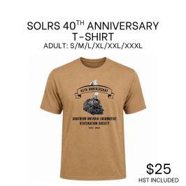 Brown T-shirt with train print, text: '40th Anniversary', priced at $25.