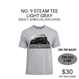 Gray T-shirt with train graphic and 'Waterloo Central Railway' text.