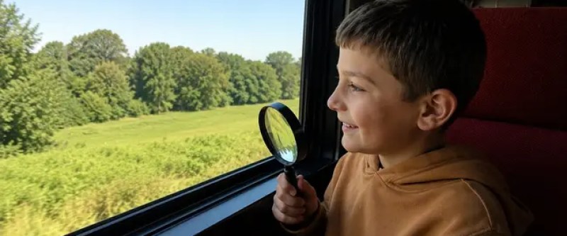 Child with magnifying glass looking out the train window at green landscape.