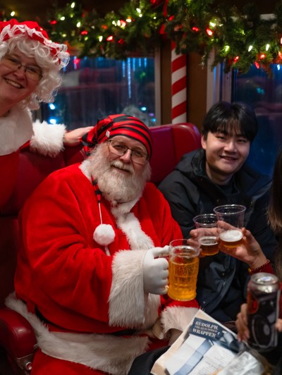 People in festive attire, including Santa, enjoying drinks on a decorated train.