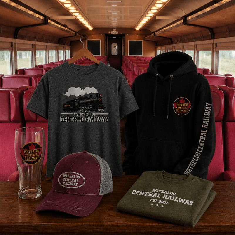 Merchandise displayed on train seat: shirt, hoodie, hat, glass, and sweatshirt featuring railway logos.