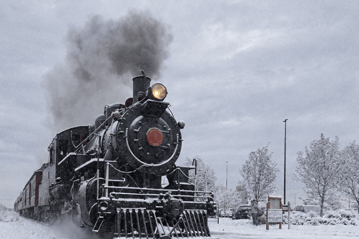 Steam locomotive on snowy tracks under cloudy sky.