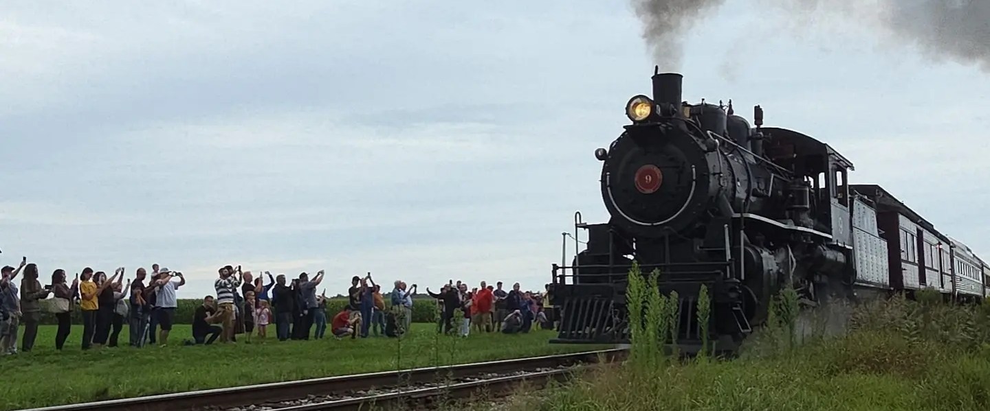 Steam train moving past people taking photos near tracks.