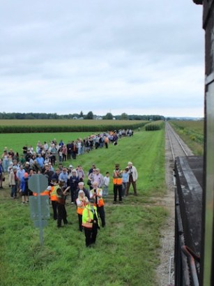 Large group of people stand by train tracks in a field under cloudy sky.